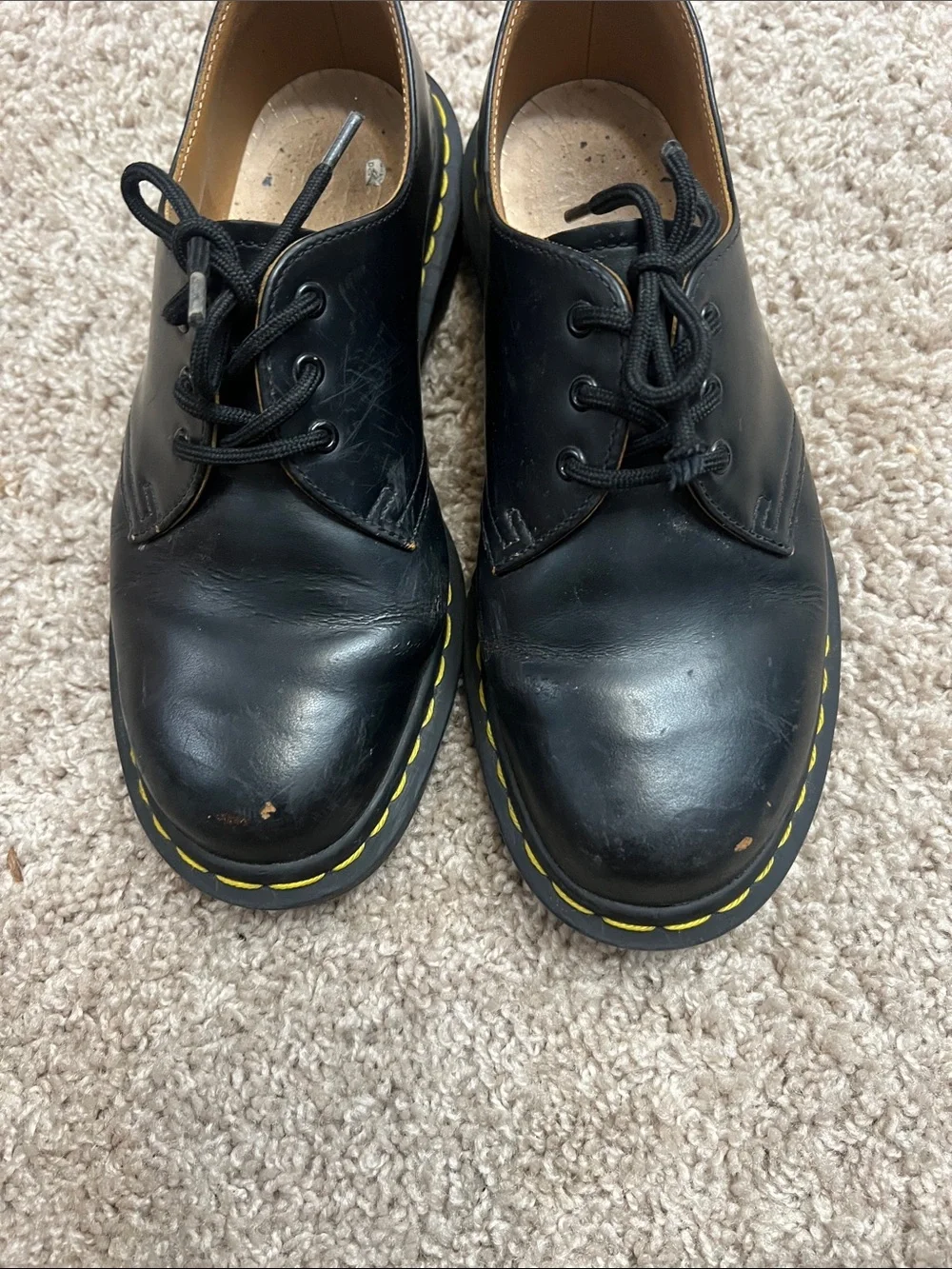 Men's Black Leather Lace-Up Shoes with Yellow Stitching Sz 6